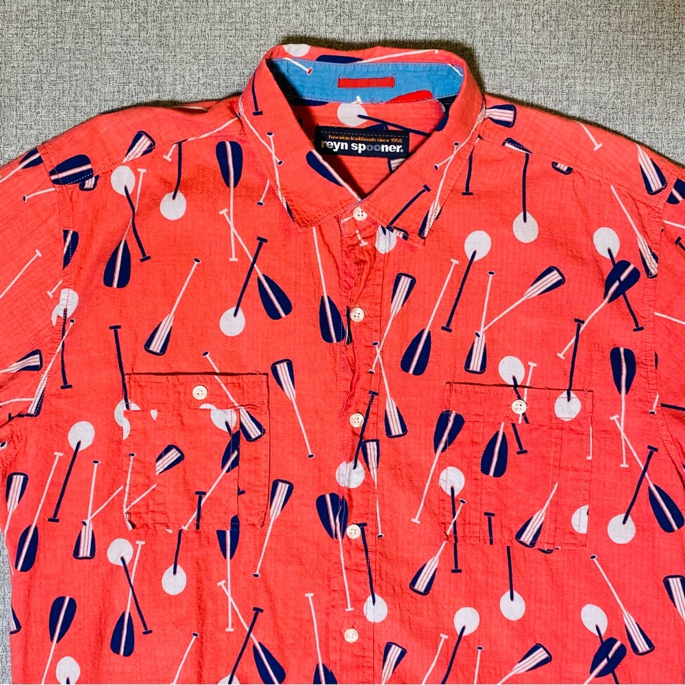 Reyn Spooner Hawaiian Shirt Men’s XL Utility Double Pocket Paddles Oars Cotton
